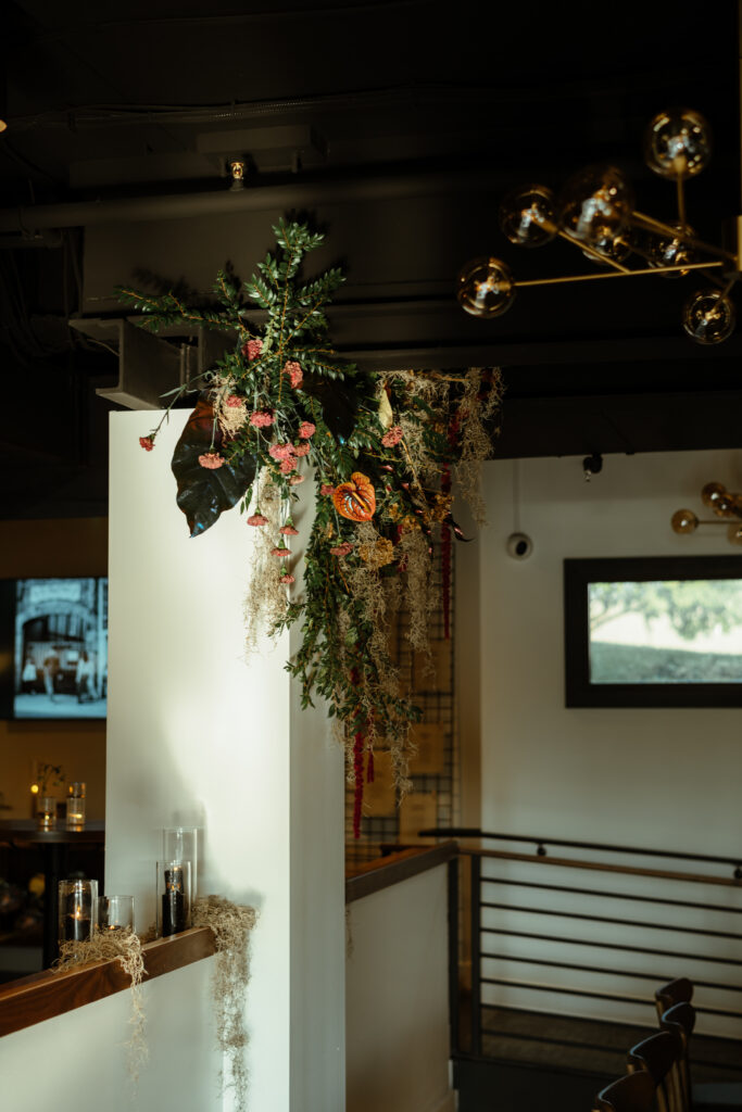 Hanging installation at The Cove at WatersEdge created by Fiori Florals a Columbus Florist